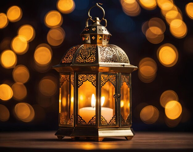 Ramadan Kareem Lamp background Ornamentalna arabska latarnia z płonącą świecą świecącącą w nocy