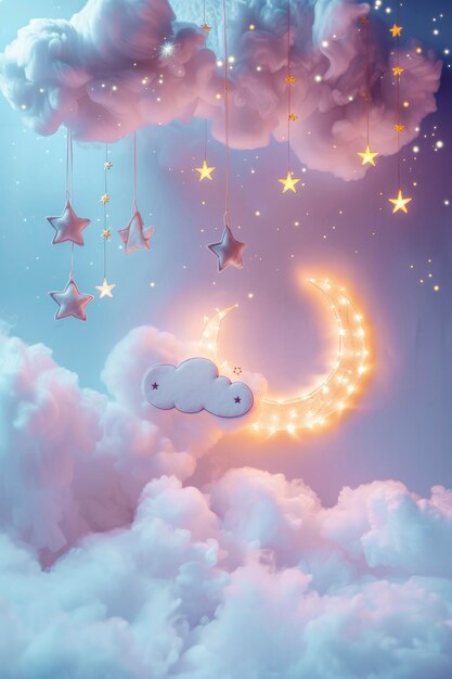 Ramadan Kareem Łaskawe pozdrowienie ozdobione gwiazdami półksiężyca i świecącymi białymi chmurami na hipnotyzującym tle Bokeh