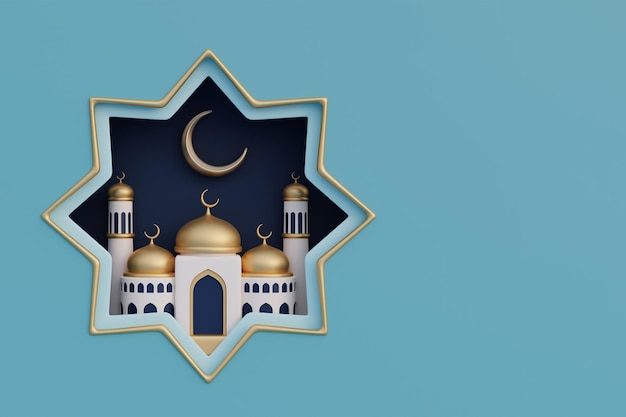 Ramadan Kareem lub Eid Al Adha mubarak z meczetem i złotym półksiężycem Muzułmański islamski festiwal renderowania 3d