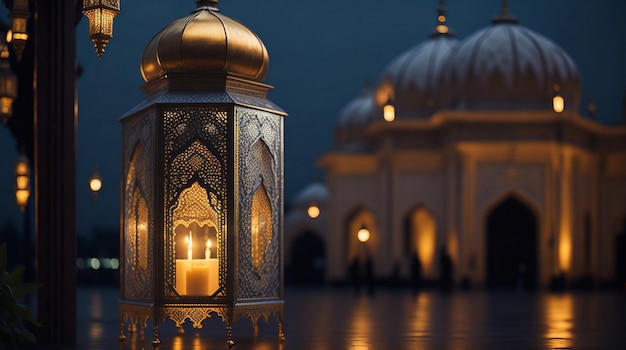 Ramadan kareem luksusowa arabska latarnia z generatywnym bokeh ai