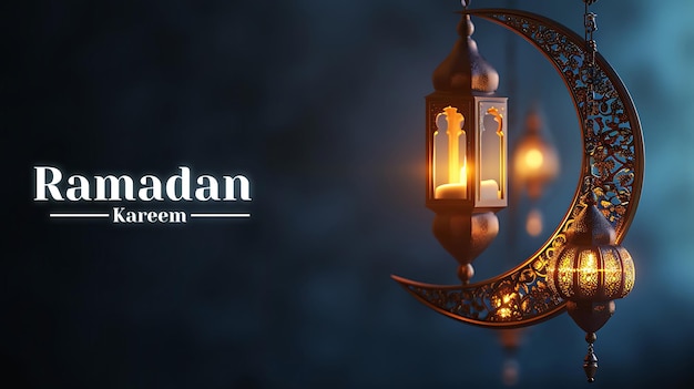 Ramadan Kareem projekt kartki z ozdobną arabską latarnią świecącą w nocy