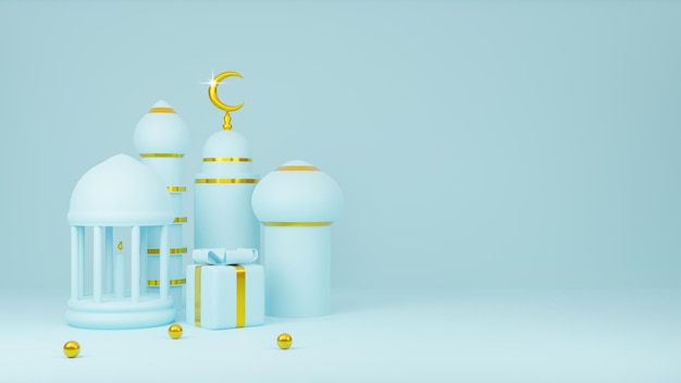 Ramadan Kareem projektuje niebieską kopułę meczetu i złoty księżyc z pudełkiem na niebieskim tle renderowania 3d