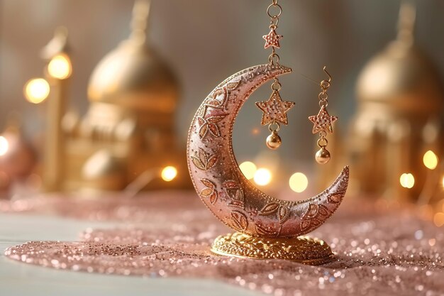 Ramadan Kareem Złoty projekt kartki z pozdrowieniami pastel różowe kolory błyszczące z księżycem i gwiazdami