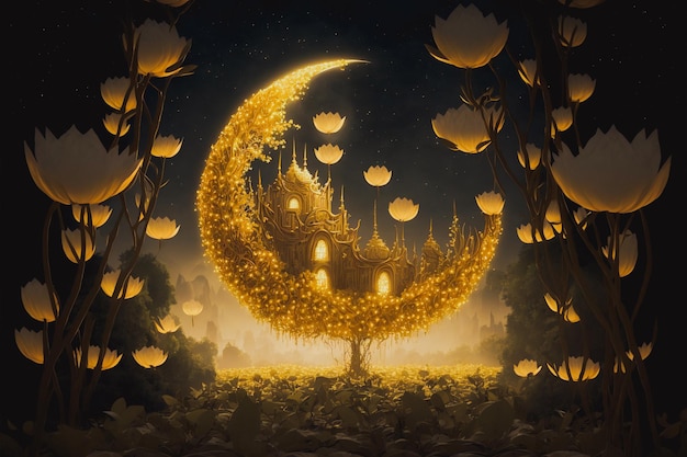 Zdjęcie ramadan księżyc wykonany ze złotych kwiatów lotosu, fantazja, skomplikowane szczegóły, renderowanie 3d tła lasu