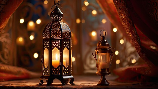 Zdjęcie ramadan lantern islamskie ozdoby rozmyte bokeh tło