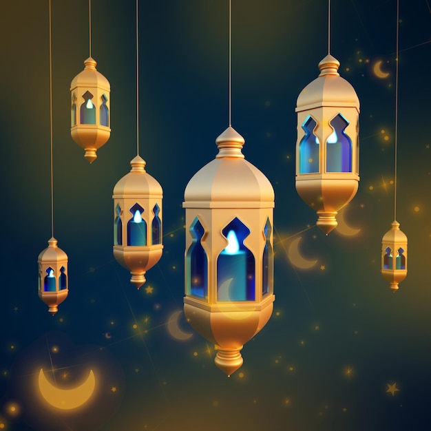 Ramadan latarnie wiszące na niebieskim tle świąteczna kartka powitalna d rendering