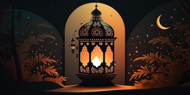 Ramadan Mubarak Concept Minimalistyczna ilustracyjna latarnia projektowa na islamskim tle