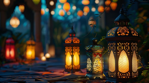 Ramadan Mubarak Lantern Muzułmanie odprawiają modlitwy Ramadan Jedzenie Święty miesiąc muzułmanów Ramadan kar