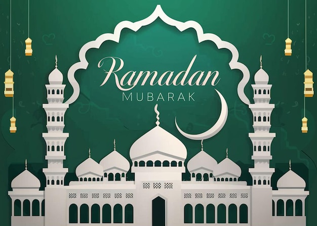 Ramadan Mubarak typografia koncepcja w stylu cięcia papieru z meczetem