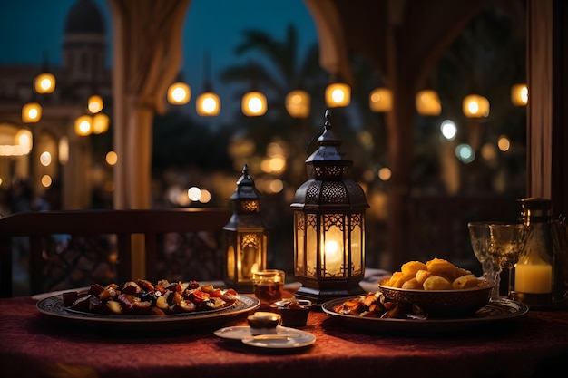 Zdjęcie ramadan noc iftar z datami muzułmanie lampa chłodne światła