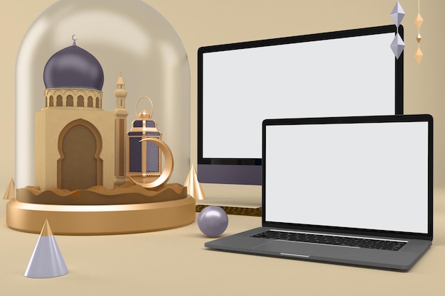 Ramadan PC i laptop po prawej stronie na żółtym tle