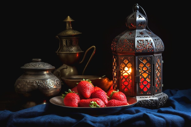 Ramadan pyszne truskawki na talerzu na przyjęcie iftar z latarnią