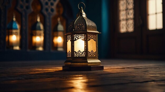 Zdjęcie ramadan realistyczna lampa światło jakości hd na ciemnym niebieskim tle 50005000 pikseli