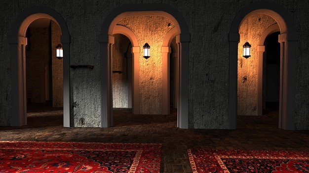 Ramadan Tło 3D Meczet Wewnątrz, Renderowanie 3D
