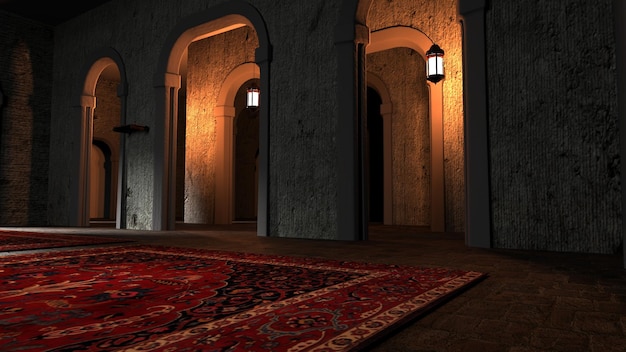 Zdjęcie ramadan tło 3d meczet wewnątrz, renderowanie 3d
