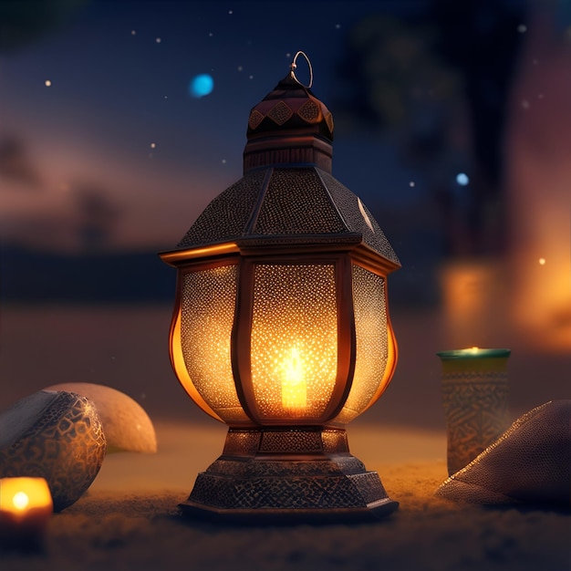 Ramadan zapalił dekorowaną latarnię na pustyni w nocy