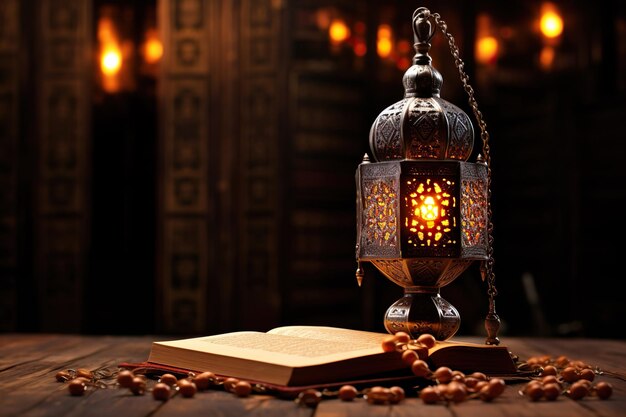 Zdjęcie ramadan zdjęcie kareem królewski elegancki latarnia i różaniec ze świętym koranem na drewnianym stole