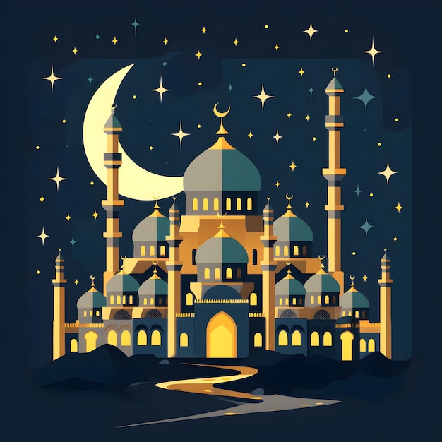 Ramadanowa gwiezdna noc nad orientalnym meczetem Niebiańska sylwetka Seria oświetlonych świątyń