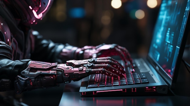 Zdjęcie ramię robota piszące na klawiaturze komputera generative ai