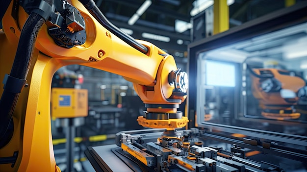 Zdjęcie ramię robota w kontrolowanej linii produkcyjnej fabryki