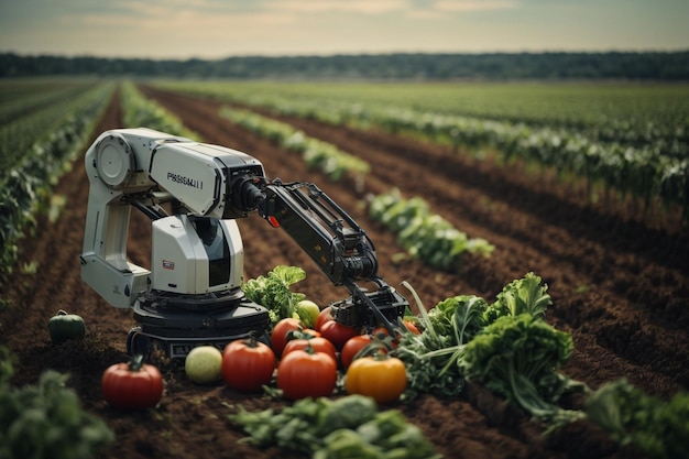 Ramię robotyczne rolnictwa precyzyjnego zbierające warzywa symbolizuje automatyzację rolnictwa ok