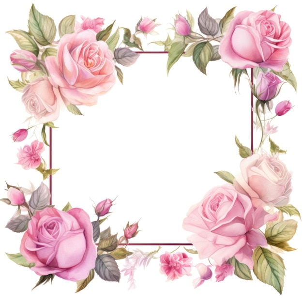 ramka akwarelowych kwiatów i liści róży na białym tle