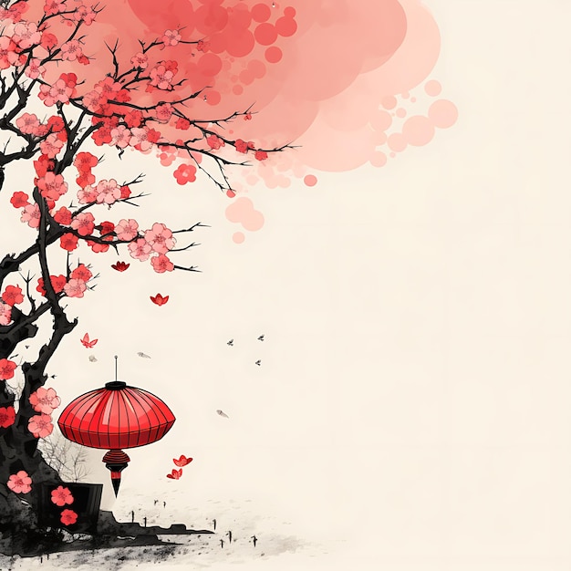 Ramka inspirowana orientalnymi bazgrołami z wachlarzem z kwiatami wiśni i kreatywnymi bazgrołami dekoracyjnymi