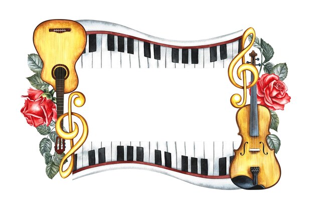 Ramka jest muzyczna z gitarami, fortepianem, klawiszami, skrzypcami, ilustracją akwarelową wykonaną ręcznie.