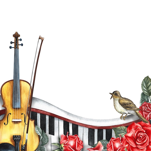 Ramka jest muzyczna z skrzypcami, klawiszami fortepianu, różami i słowikiem, ilustracja akwarelową.