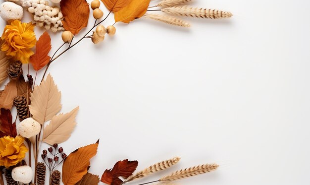 Ramka kompozycji jesiennej wykonana z jesiennych liści na białym tle Widok z góry na płaski kształt