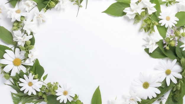 Ramka liści z świeżymi kwiatami Biały tło Wysoka jakość