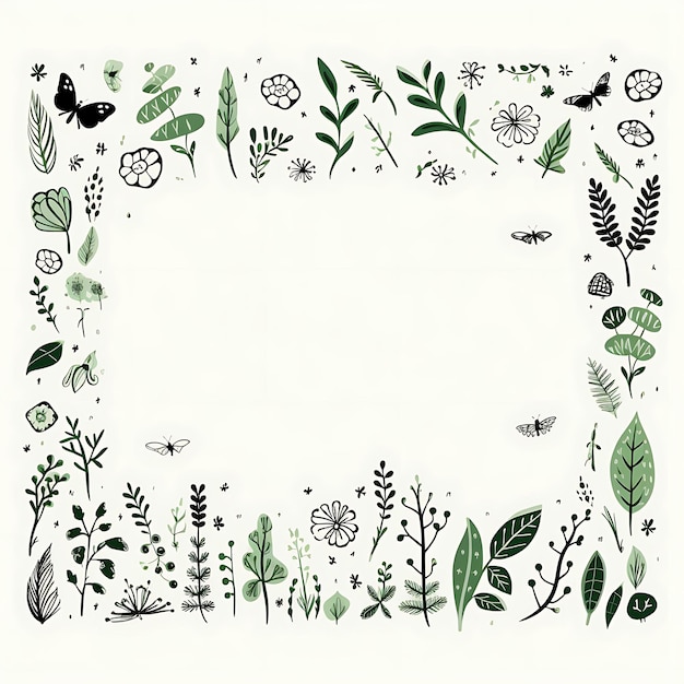 Zdjęcie ramka na botaniczne bazgroły prostokątna ramka z liśćmi i kwiatami kreatywne bazgroły dekoracyjne