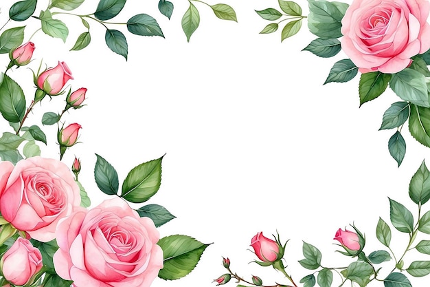 Ramka narożna różowych liści i pąków na białym tle ręcznie narysowana ilustracja akwarelowa