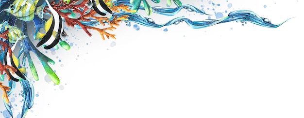 Ramka narożna z tropikalną jasną rybą koralową fale wody i bąbelków Akwarela ilustracja Do rejestracji i projektowania zaproszeń certyfikaty menu pocztówki akcesoria plażowe