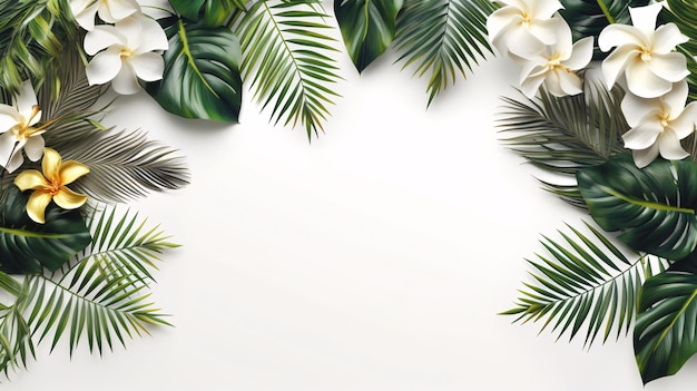 Zdjęcie ramka palm z białymi kwiatami i zielonymi liśćmi tropikalne liście na białym tle