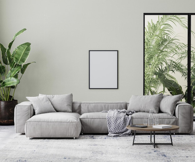 Ramka plakatowa we wnętrzu salonu makieta w odcieniach szarości z liśćmi tropikalnych palm, renderowanie 3d
