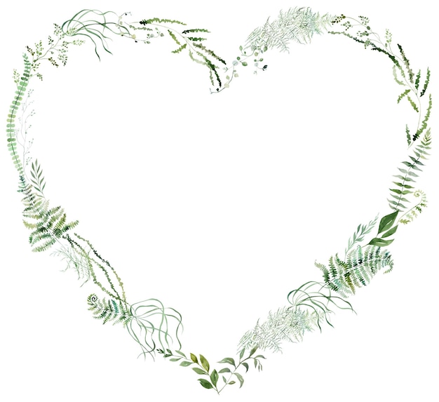 Zdjęcie ramka serca z akwarelą kruche łodygi i zielone liście izolowana ilustracja botaniczne ślub