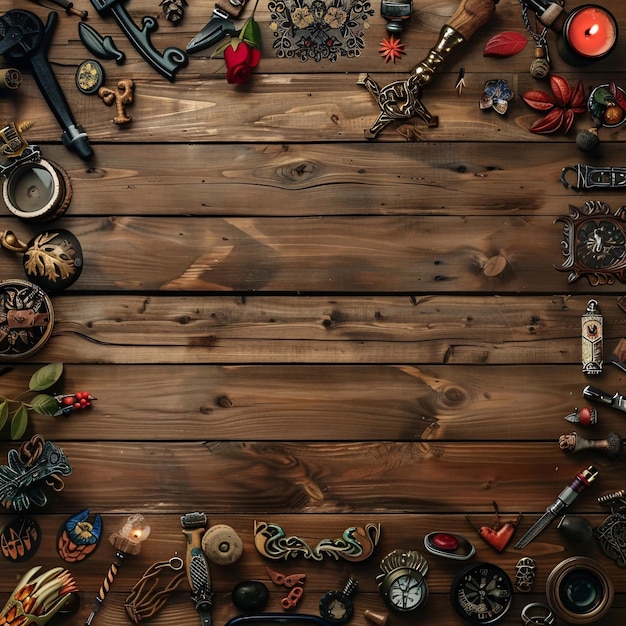 Ramka starych akcesoriów tatuażowych na drewnianym tle