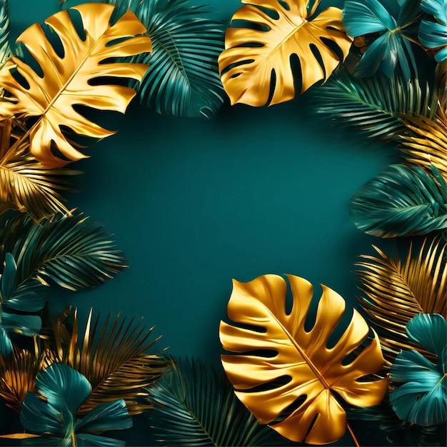 ramka tła ze złotymi i niebieskimi tropikalnymi liśćmi generuje ai npro zdjęcie