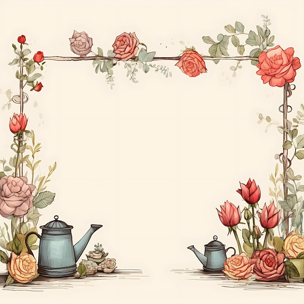 Zdjęcie ramka vintage garden scribbles ramka z różami nawadniające puszki i kreatywne scribbles dekoracyjne
