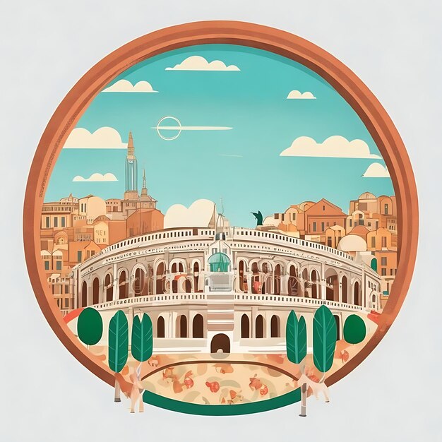 Ramka w kształcie okręgu z środkową przestrzenią horyzontu miasta Rzymu w prostym stylu kreskówki kolorowego kreskówki
