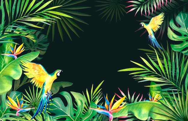 Zdjęcie ramka wykonana z liści palmowych gałęzi bananów strelitzia i ara tropikalne rośliny i ptaki ilustracja akwarelowa karnawał w brazylii rio de janeiro lato nastrój banner