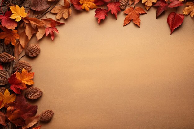 Zdjęcie ramka z jesieńskimi liśćmi na beżowym tle