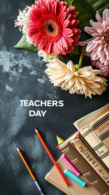 Zdjęcie ramka z książkami, ołówki, kwiaty z tekstem, dzień nauczycieli ai generatywny