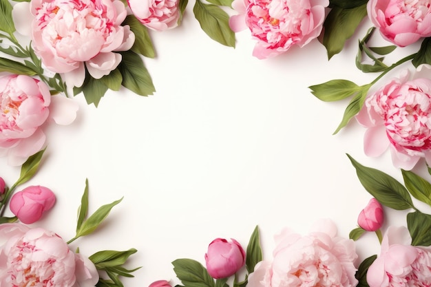 ramka z różowych kwiatów z zielonymi liśćmi i różowymi kwiatami.