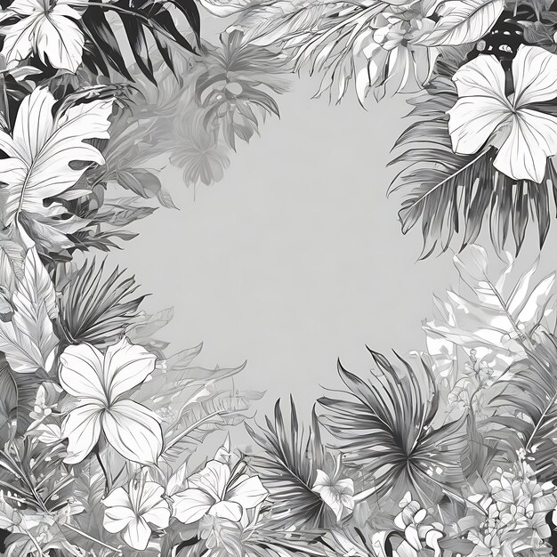 ramka z tropikalnymi liśćmi i kwiatami na białym tle