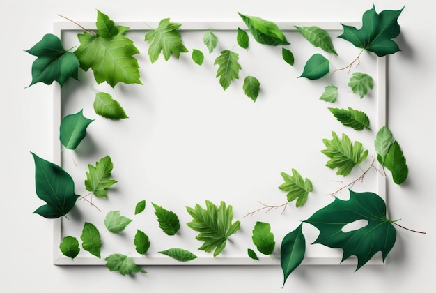 Ramka zielonych liści na białym tle leżała płasko Generacyjna sztuczna inteligencja