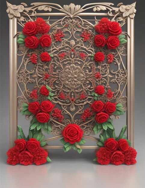 ramkowy obraz róż i liści z ramką z napisem "Nazwisko róży"