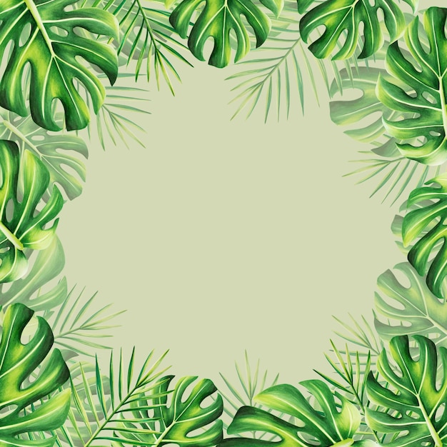 Ramy akwarelowe z realistyczną tropikalną ilustracją monstery i palmy na białym tle