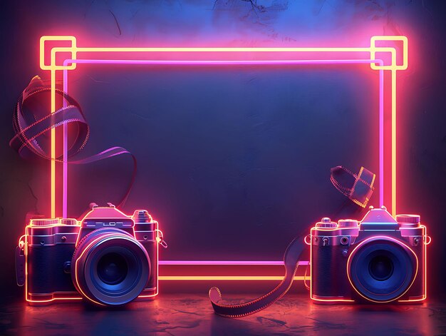 Zdjęcie ramy z falistymi liniami światła neonowa ramy z kamerami i paskami filmowymi arou y2k collage glow outline art